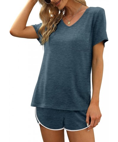 Lounge Set for Women 2 Piece Outfits Short Sleeve V Neck Pjs Sleepwear Soft Grey Blue $13.42 Sleep & Lounge