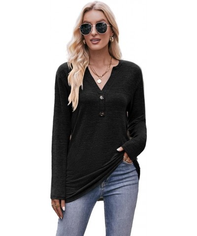 Womens Long Sleeve Henley Shirts V-neck Casual Tunic Tops Button Up T-shirts 2023 Fall Winter Cute Sweatshirt B1-blbck $13.91...