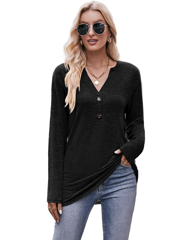 Womens Long Sleeve Henley Shirts V-neck Casual Tunic Tops Button Up T-shirts 2023 Fall Winter Cute Sweatshirt B1-blbck $13.91...