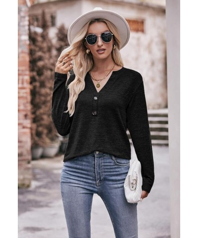 Womens Long Sleeve Henley Shirts V-neck Casual Tunic Tops Button Up T-shirts 2023 Fall Winter Cute Sweatshirt B1-blbck $13.91...