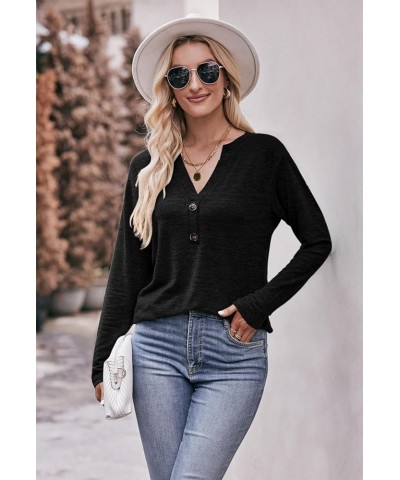 Womens Long Sleeve Henley Shirts V-neck Casual Tunic Tops Button Up T-shirts 2023 Fall Winter Cute Sweatshirt B1-blbck $13.91...