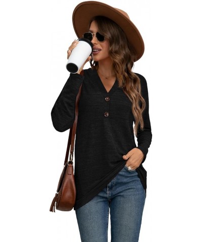 Womens Long Sleeve Henley Shirts V-neck Casual Tunic Tops Button Up T-shirts 2023 Fall Winter Cute Sweatshirt B1-blbck $13.91...