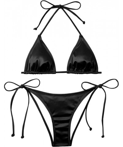 Women's Liquid Metallic Rainbow Bikini Sets Shiny String Padded Triangle 2 Pieces Swimsuit Set Satin Black $14.24 Swimsuits