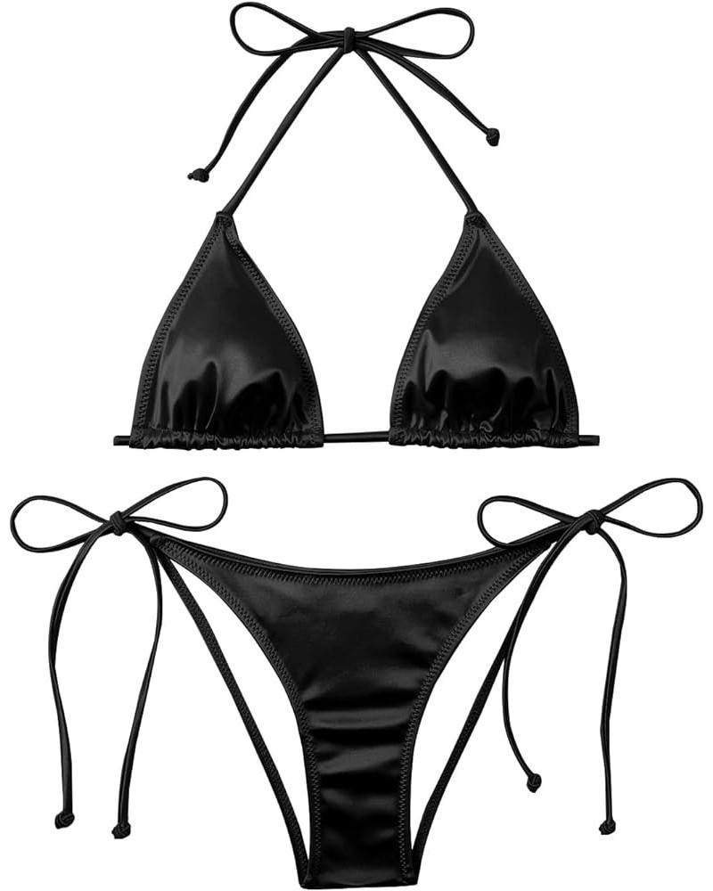 Women's Liquid Metallic Rainbow Bikini Sets Shiny String Padded Triangle 2 Pieces Swimsuit Set Satin Black $14.24 Swimsuits