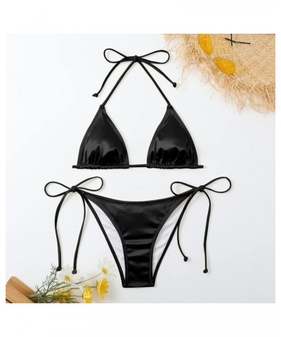 Women's Liquid Metallic Rainbow Bikini Sets Shiny String Padded Triangle 2 Pieces Swimsuit Set Satin Black $14.24 Swimsuits