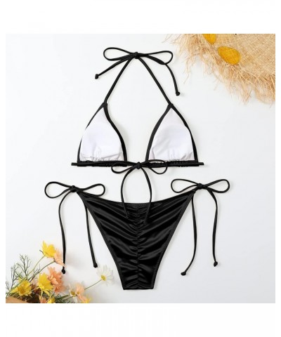 Women's Liquid Metallic Rainbow Bikini Sets Shiny String Padded Triangle 2 Pieces Swimsuit Set Satin Black $14.24 Swimsuits