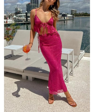 Women Lace 2 Piece Long Skirt Sets See Through Crop Top Bodycon Maxi Skirt Y2k Two Piece Outfit Club Partywear P-rose Red Six...