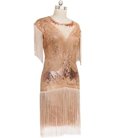 Women's 1920s Vintage Gatsby Long Fringe Flapper Dress Cap Sleeve Cocktail Party Dress Rose Gold $23.97 Dresses