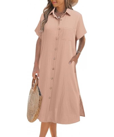 Womens Dress Summer Casual Short Sleeve Button Down Shirt Dress Beach Cover Up Dress with Pockets Pink $22.12 Swimsuits