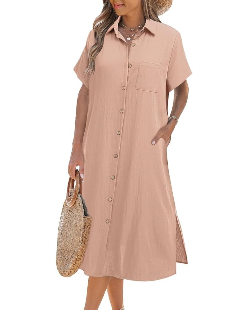 Womens Dress Summer Casual Short Sleeve Button Down Shirt Dress Beach Cover Up Dress with Pockets Pink $22.12 Swimsuits