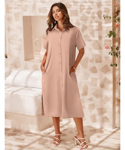 Womens Dress Summer Casual Short Sleeve Button Down Shirt Dress Beach Cover Up Dress with Pockets Pink $22.12 Swimsuits