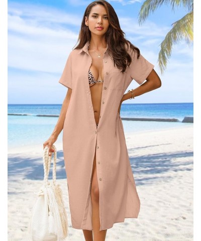 Womens Dress Summer Casual Short Sleeve Button Down Shirt Dress Beach Cover Up Dress with Pockets Pink $22.12 Swimsuits