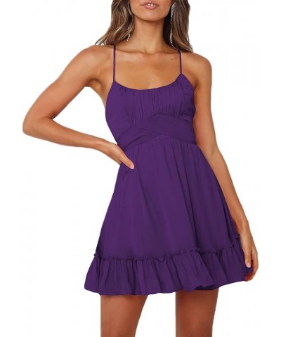 Women's Spaghetti Strap Scoop Neck Sleeveless Ruched Flared A Line Mini Dress Dark Purple $19.32 Dresses