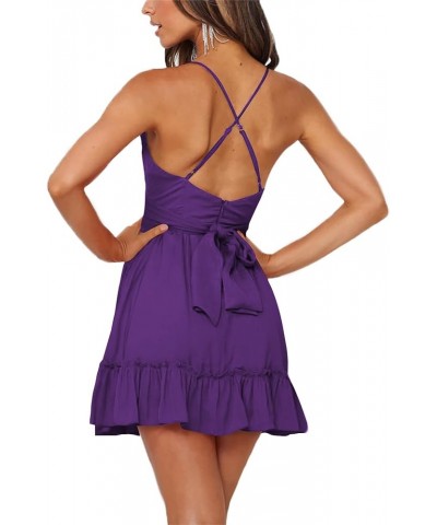 Women's Spaghetti Strap Scoop Neck Sleeveless Ruched Flared A Line Mini Dress Dark Purple $19.32 Dresses