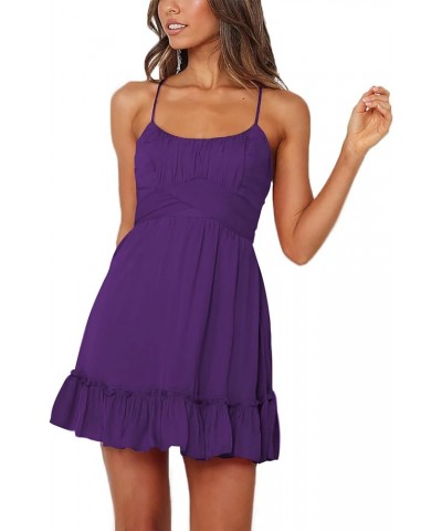 Women's Spaghetti Strap Scoop Neck Sleeveless Ruched Flared A Line Mini Dress Dark Purple $19.32 Dresses