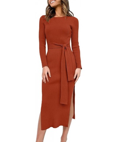 Women's Crew Neck Long Sleeve Midi Sweater Dress Elegant Side Slit Rib Knit Slim Tie Waist Bodycon Dress with Belt Rust $26.9...