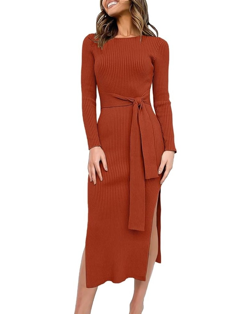 Women's Crew Neck Long Sleeve Midi Sweater Dress Elegant Side Slit Rib Knit Slim Tie Waist Bodycon Dress with Belt Rust $26.9...