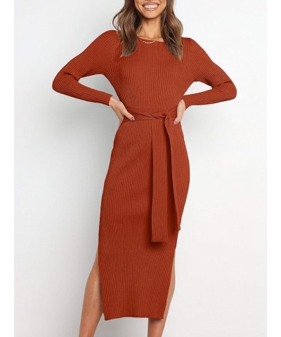 Women's Crew Neck Long Sleeve Midi Sweater Dress Elegant Side Slit Rib Knit Slim Tie Waist Bodycon Dress with Belt Rust $26.9...