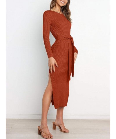 Women's Crew Neck Long Sleeve Midi Sweater Dress Elegant Side Slit Rib Knit Slim Tie Waist Bodycon Dress with Belt Rust $26.9...