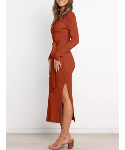 Women's Crew Neck Long Sleeve Midi Sweater Dress Elegant Side Slit Rib Knit Slim Tie Waist Bodycon Dress with Belt Rust $26.9...