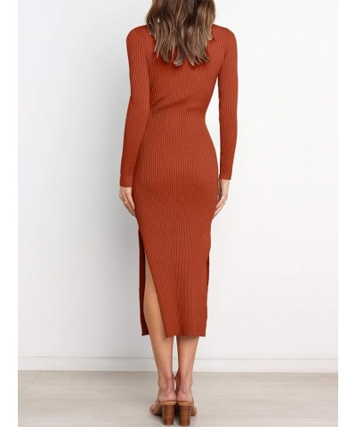 Women's Crew Neck Long Sleeve Midi Sweater Dress Elegant Side Slit Rib Knit Slim Tie Waist Bodycon Dress with Belt Rust $26.9...