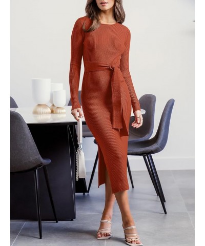 Women's Crew Neck Long Sleeve Midi Sweater Dress Elegant Side Slit Rib Knit Slim Tie Waist Bodycon Dress with Belt Rust $26.9...