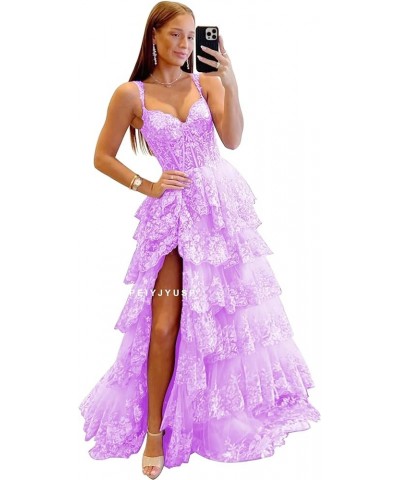 Off Shoulder Sequin Prom Dresses 2024 Tiered Lace Long Prom Dress for Teens Sparkly Formal Evening Gown with Slit Lilac $47.4...