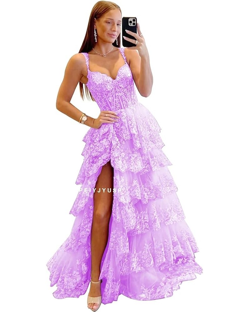 Off Shoulder Sequin Prom Dresses 2024 Tiered Lace Long Prom Dress for Teens Sparkly Formal Evening Gown with Slit Lilac $47.4...