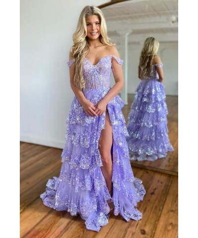 Off Shoulder Sequin Prom Dresses 2024 Tiered Lace Long Prom Dress for Teens Sparkly Formal Evening Gown with Slit Lilac $47.4...