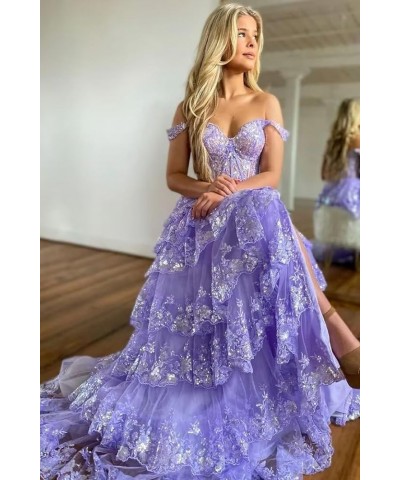 Off Shoulder Sequin Prom Dresses 2024 Tiered Lace Long Prom Dress for Teens Sparkly Formal Evening Gown with Slit Lilac $47.4...