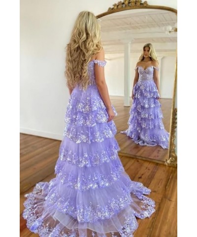 Off Shoulder Sequin Prom Dresses 2024 Tiered Lace Long Prom Dress for Teens Sparkly Formal Evening Gown with Slit Lilac $47.4...