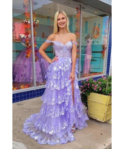 Off Shoulder Sequin Prom Dresses 2024 Tiered Lace Long Prom Dress for Teens Sparkly Formal Evening Gown with Slit Lilac $47.4...