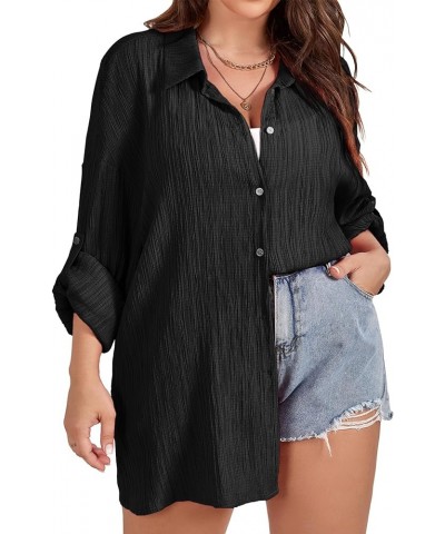 Women Plus Size Button Down Shirts Long Roll Up Sleeve V Neck Collared Casual Blouses Tops XL-5XL Black $12.87 Blouses