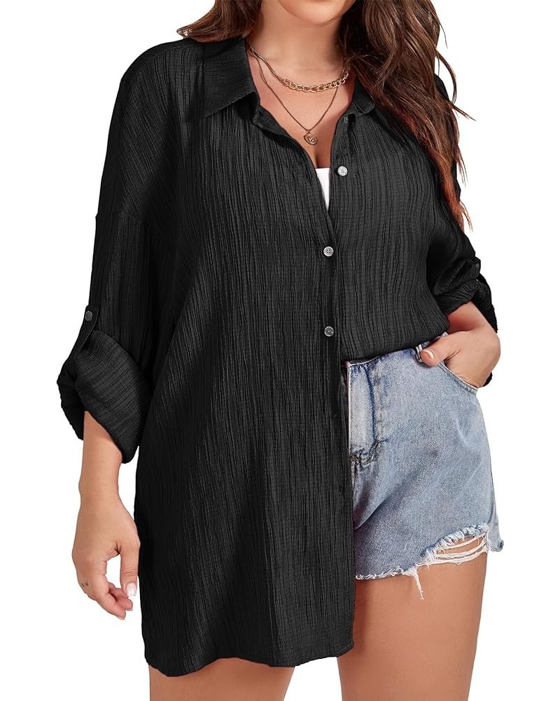 Women Plus Size Button Down Shirts Long Roll Up Sleeve V Neck Collared Casual Blouses Tops XL-5XL Black $12.87 Blouses