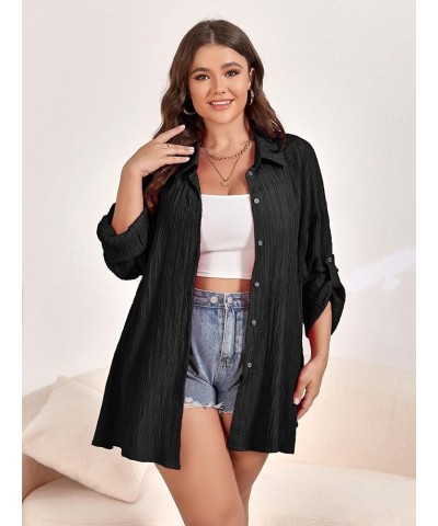 Women Plus Size Button Down Shirts Long Roll Up Sleeve V Neck Collared Casual Blouses Tops XL-5XL Black $12.87 Blouses