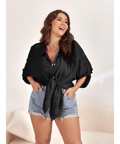 Women Plus Size Button Down Shirts Long Roll Up Sleeve V Neck Collared Casual Blouses Tops XL-5XL Black $12.87 Blouses