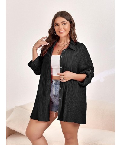 Women Plus Size Button Down Shirts Long Roll Up Sleeve V Neck Collared Casual Blouses Tops XL-5XL Black $12.87 Blouses