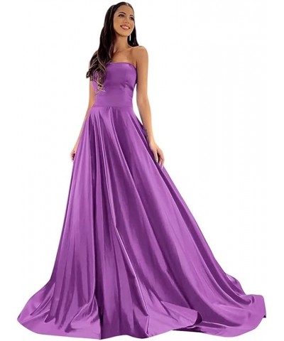 Strapless Prom Dresses 2022 Long Satin A Line Formal Evening Party Gown with Pockets for Women Purple $32.25 Dresses