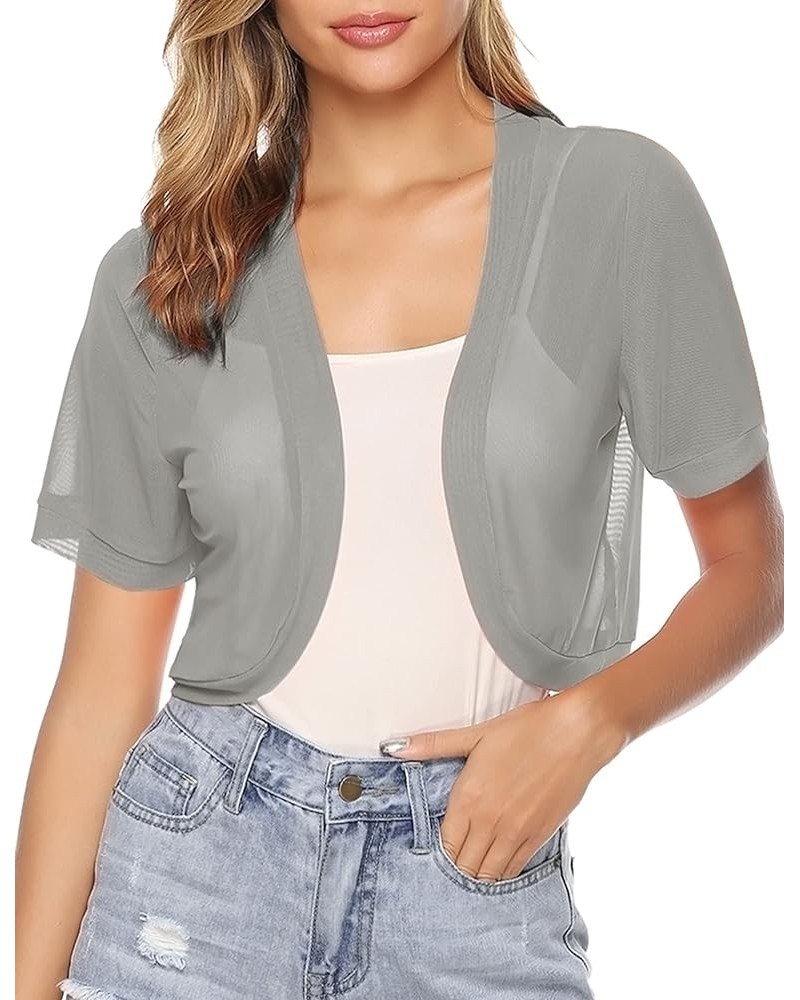 Women Shrug Open Front Mesh Cropped Bolero Short Sleeve Sheer Cardigan Grey $13.99 Sweaters