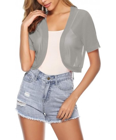 Women Shrug Open Front Mesh Cropped Bolero Short Sleeve Sheer Cardigan Grey $13.99 Sweaters