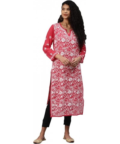 Hand Embroidered Indian Chikankari Georgette Kurti Kurta with Slip for Women A90397 Carrot Pink $31.20 Tops