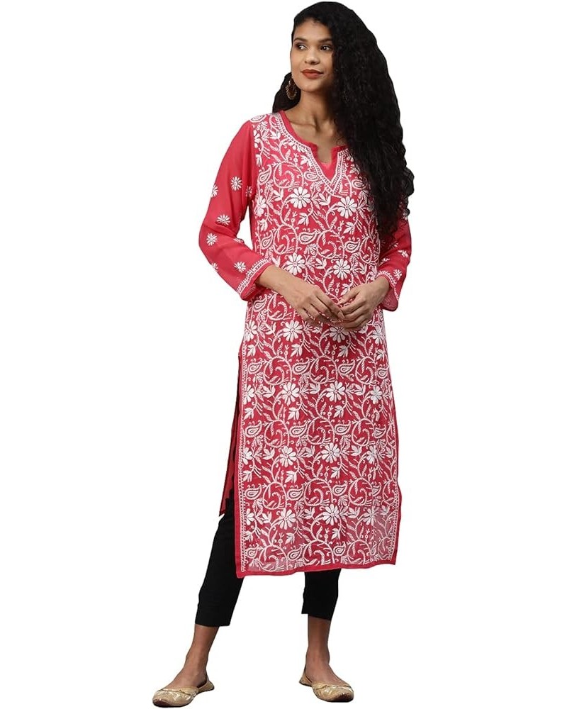 Hand Embroidered Indian Chikankari Georgette Kurti Kurta with Slip for Women A90397 Carrot Pink $31.20 Tops