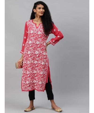 Hand Embroidered Indian Chikankari Georgette Kurti Kurta with Slip for Women A90397 Carrot Pink $31.20 Tops