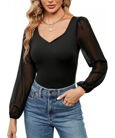 Women Long Sleeve Bodysuit Sweetheart Neckline Top Mesh Sexy Bodysuit Black $11.99 Bodysuits