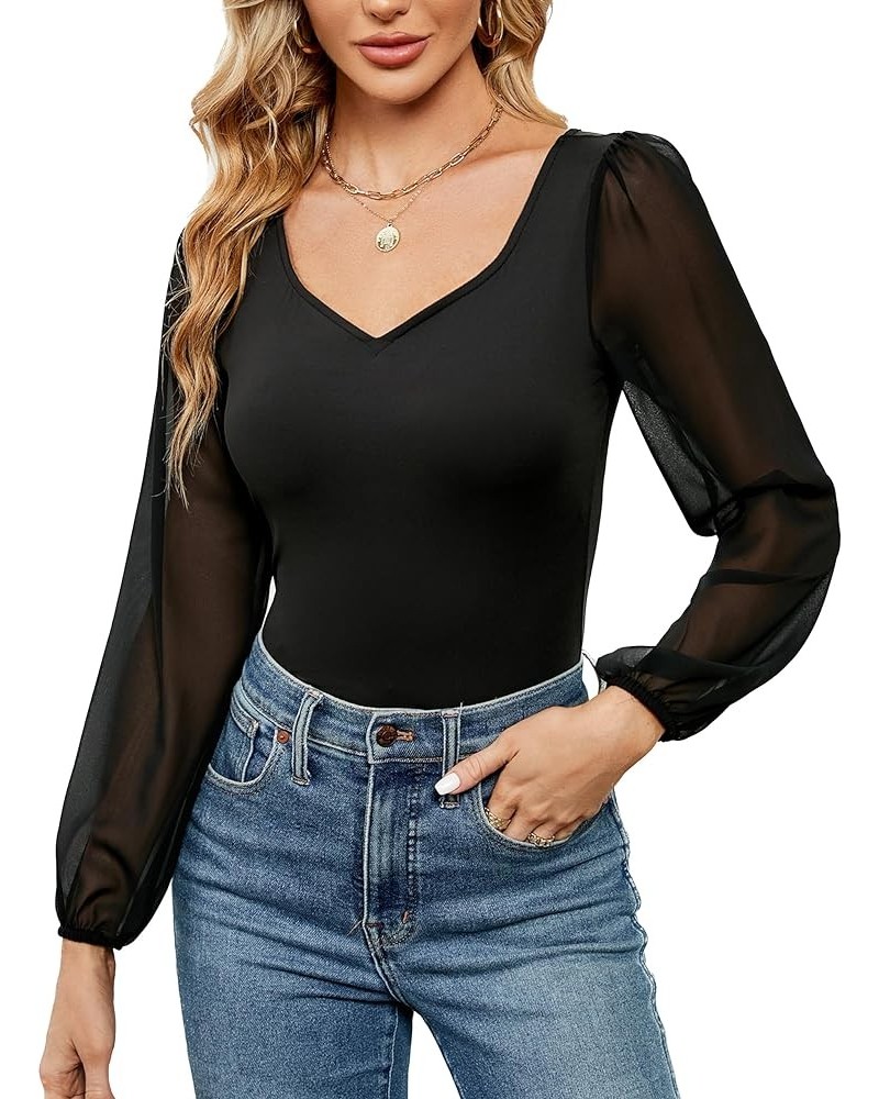 Women Long Sleeve Bodysuit Sweetheart Neckline Top Mesh Sexy Bodysuit Black $11.99 Bodysuits