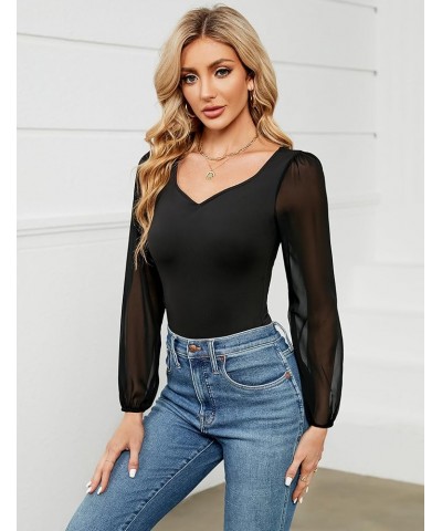 Women Long Sleeve Bodysuit Sweetheart Neckline Top Mesh Sexy Bodysuit Black $11.99 Bodysuits