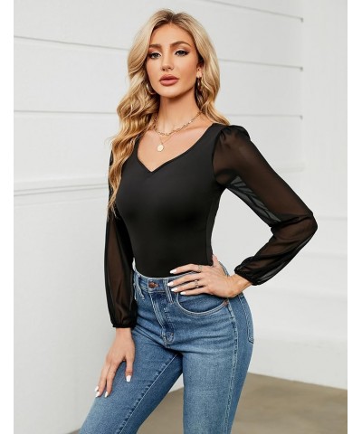 Women Long Sleeve Bodysuit Sweetheart Neckline Top Mesh Sexy Bodysuit Black $11.99 Bodysuits