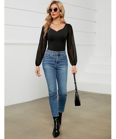 Women Long Sleeve Bodysuit Sweetheart Neckline Top Mesh Sexy Bodysuit Black $11.99 Bodysuits