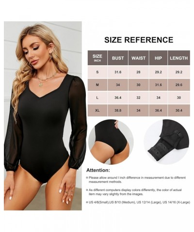 Women Long Sleeve Bodysuit Sweetheart Neckline Top Mesh Sexy Bodysuit Black $11.99 Bodysuits