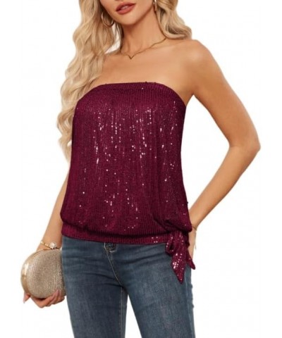 Sequin Tops for Women Sparkly Elastic Ruched Twist Knot Tie for Party Burgundy $17.50 Tanks